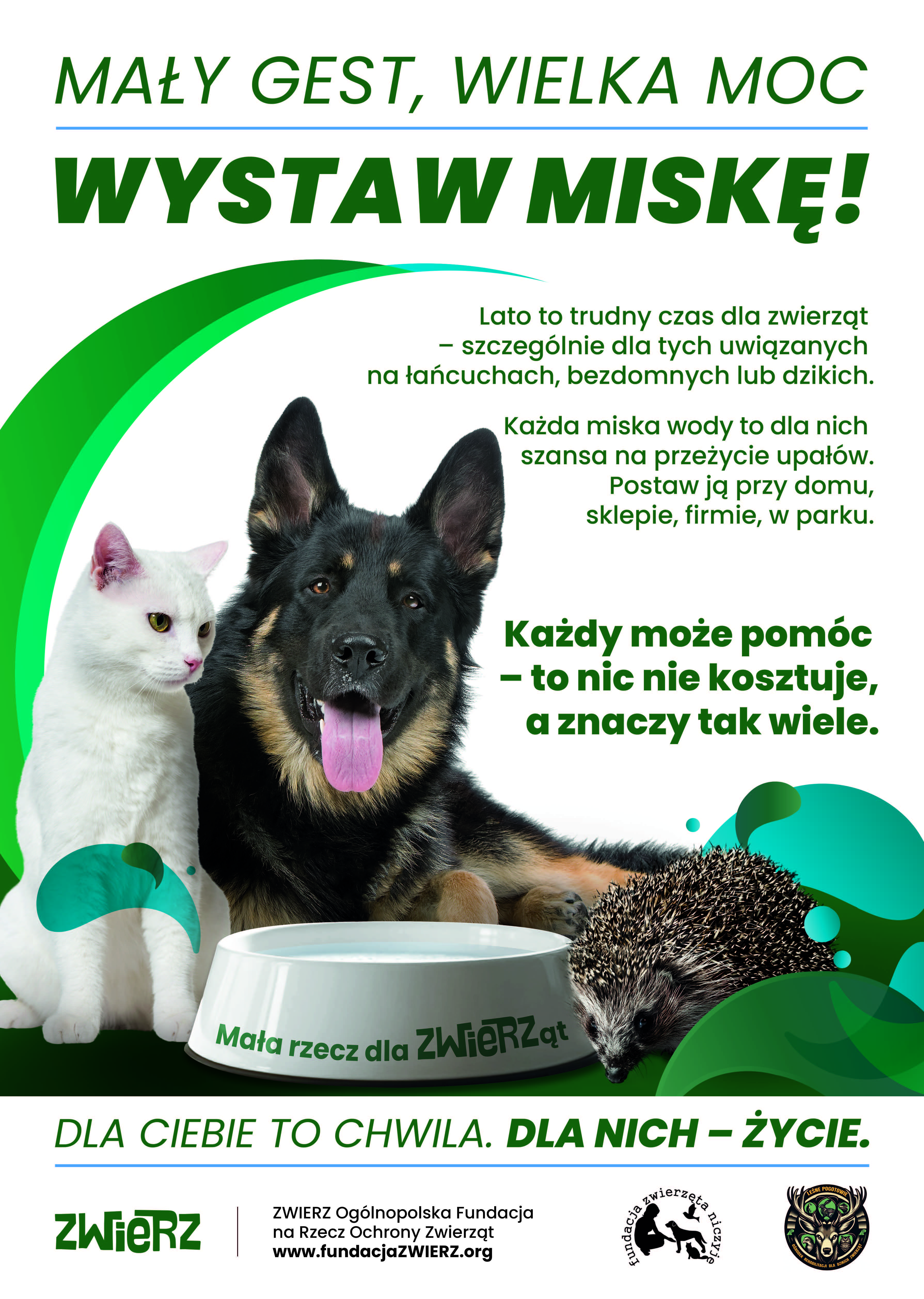 Plakat zachęca do wystawiania misek z wodą dla zwierząt podczas upał&oacute;w. Na grafice widoczne są pies, kot i jeż przy misce z wodą oraz apel przypominający, że nawet drobny gest może pom&oacute;c zwierzętom przetrwać lato.